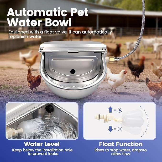 Automatic Dog Water Bowl Dispenser Outdoor, Water Dispenser for Dogs Cats, 304 Stainless Steel Waterer for Large Dogs Chicken Duck Pig Cow Goat, Wall Mountable, with Drainage Hole