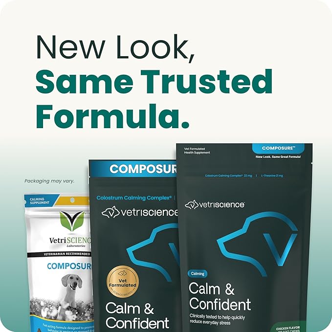 VetriScience Clinically Tested Composure Calm & Confident Chews for Dogs – Helps Manage Occasional Stress & Supports Balanced Behavior, Non-Drowsy Soft Chews with L-Theanine, Bacon Flavor, 60 Count