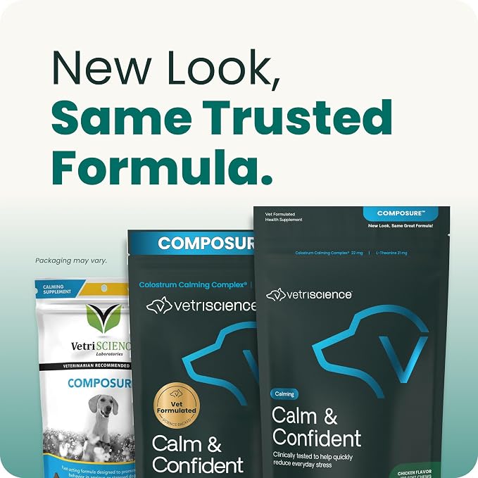 VetriScience Calm & Confident Chews, Composure Clinically Tested Calming and Anxiety Supplement for Dogs, Reduce Stress and Fear, Ideal for Thunderstorms, Fireworks and Travel, Bacon, 120 Count