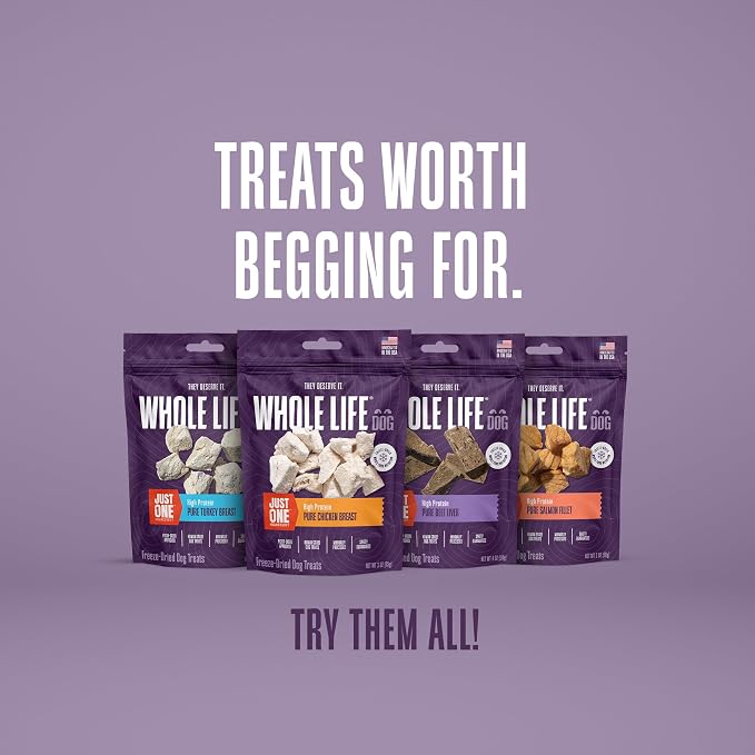 Whole Life Dog Just One Salmon Freeze Dried Dog Treats - Human Grade High Protein Food, Healthy Training Snacks, Freeze Dried Salmon Food Toppers, USA Made Natural Treats - 2 oz (Value Pack of 1)