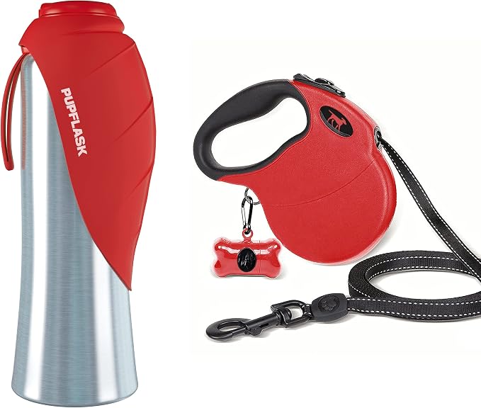 Tuff Pupper Retractable Dog Leash and 40oz Pupflask Portable Water Bottle - Red