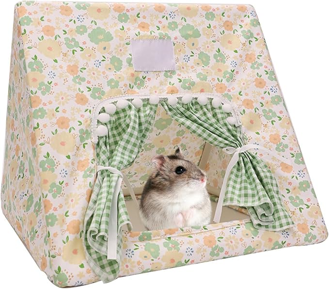 Hamster Hideout Tent with Curtain,Bunny Hideout, Machine Washable Guinea Pig Hide Tent Houses & Habitats, Triangular Hideout Shelter Small Animal Bed,Ferret, Rat, Chinchilla, Squirrel（Flower）