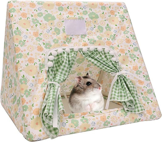 Hamster Hideout Tent with Curtain,Bunny Hideout, Machine Washable Guinea Pig Hide Tent Houses & Habitats, Triangular Hideout Shelter Small Animal Bed,Ferret, Rat, Chinchilla, Squirrel（Flower）