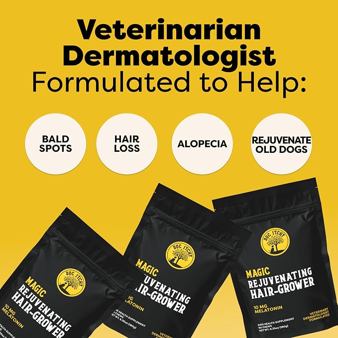 Doc Itchy Rejuvenating Hair-Grower Dog Pet Chews | 10mg Melatonin for Dogs | Hair Growth Booster | Senior Dog Energizer | Calming | Medical-Strength | Food Allergy Safe | Made in USA | 90 Count