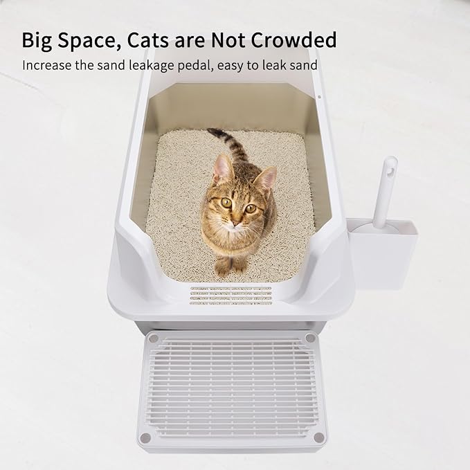 RIZZARI Stainless Steel Litter Box: Large White Open Top Design with Odor-Resistant Steel & High Walls - Leakproof & Durable Teflon Coating- Ideal for Multiple Cats - Living Room Balcony Use
