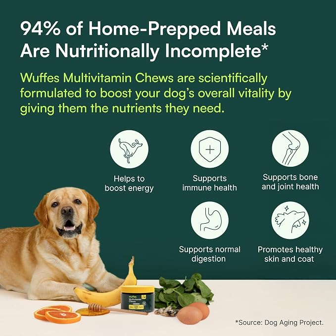 Wuffes 23-in-1 Dog Multivitamin Soft Chews Skin & Coat, Immune + Gut Health Support - Vitamins & Minerals with Omega-3, Iron & Zinc for Puppies & Senior Dogs, 30 Ct