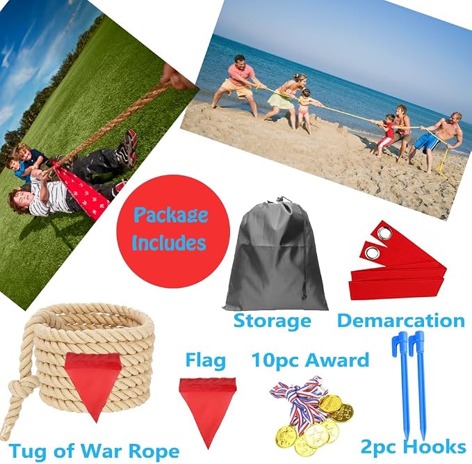 20 Feet Tug of War Rope for Kids and Adults, Outdoor Games Summer Outdoors Yard Backyard Camping Lawn Game for Field Day Family Reunion Birthday Party Team Building Activities Carnival Games-Beige