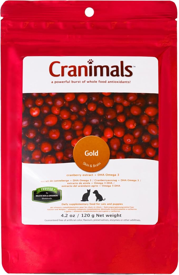 Cranimals Gold Cranberry Powder for Cats - Vegan DHA Omega 3, Urinary Health Support - Two Pure Ingredients, No Additives - Replace Fish Oil with Cranberry Antioxidants, for recurrent UTIs, 4.2 Oz