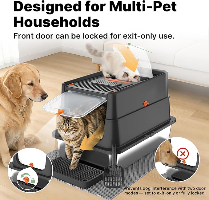 Stainless Steel Litter Box with Flip Lid, XL Extra Large Cat Litter Box with High Sided Top Entry Design, Anti-Leakage Enclosed Metal Litterbox for Big Cats, with Handle, Mat, Pedal & Scoop, Black