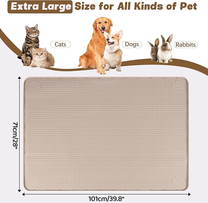Cat Food Mat, 40" x 28" Cat Litter Mat Extra Large Silicone Pet Feeding Mat with Raised Edge Pet Placemat for Food and Water Bowl Non-Slip, Easy to Clean, Floor Protection (Khaki)