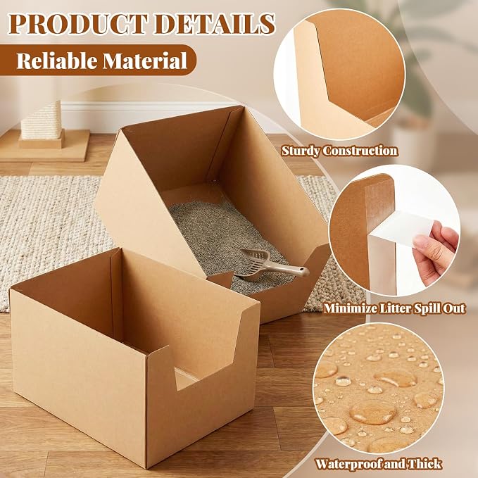 Lounsweer 2 Pack XXL Extra Large Disposable Cat Litter Box, 19 x 15 x 11.75 in Deep High-Sided, Self-Adhesive Leakproof Recyclable Cardboard Litter Box for Large Cats Moving Travel Short-Term Use