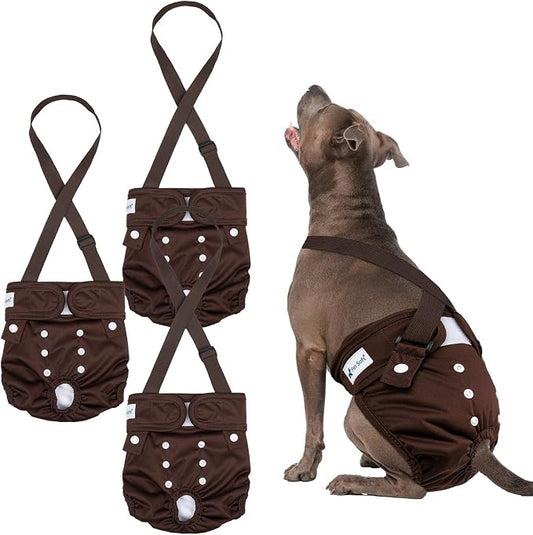 Pet Soft Dog Diapers Female with Suspenders, 3 Pack Reusable Female Dog Diapers for Heat, Dog Period Panties for Doggie in Cycle(Large, Bear Brown)
