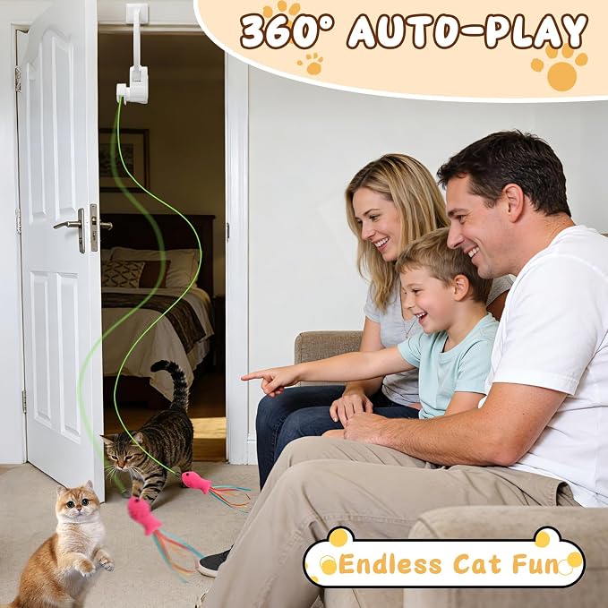 Automatic Cat Toy for Indoor Cats, Interactive Door Hanging Cat Toy with Smart Touch Restart, USB-C Rechargeable 360° Rotating Flying Bird Teaser for Kittens & Adult Cats, White
