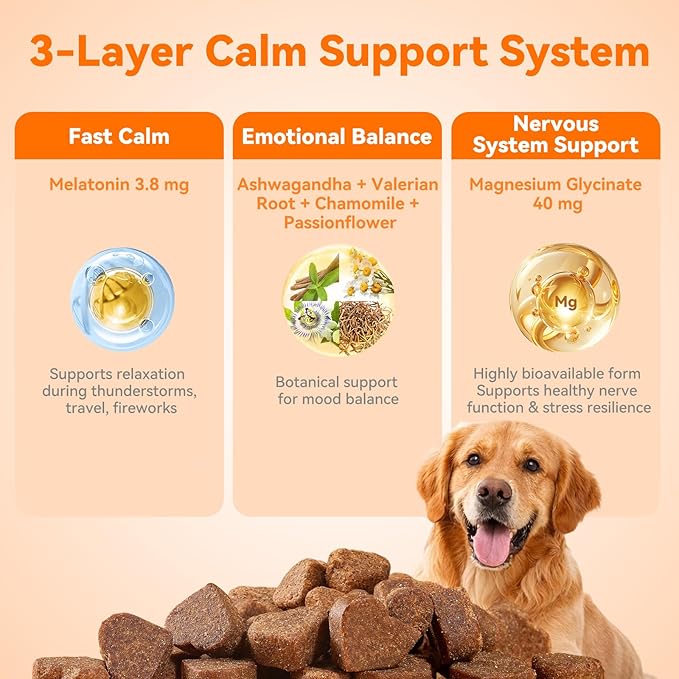 PUAINTA Dog Calming Chews – Magnesium Glycinate & Melatonin for Dogs, 4 Herbal Ingredients for Anxiety Relief, Stress & Travel Support, Chicken Flavor (90 Count)