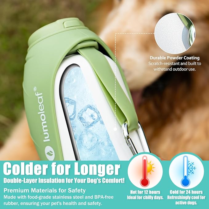 LumoLeaf Insulated Dog Water Bottle 27 oz Stainless Steel - Keep Water Cool or Warm, Portable Pet Water Bowl for Travel, Wide Mouth for Easy Ice Filling & Cleaning (Green, 27 oz)
