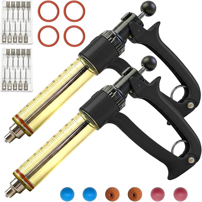 2-Pack 50mL Semi Automatic Livestock Syringe Adjustable Dosage Repeater Injector (1-5mL) with Luer Lock Tip for Cattle, Sheep, Goats & Pigs Continuous Injection Gun for Farm Herd, Black