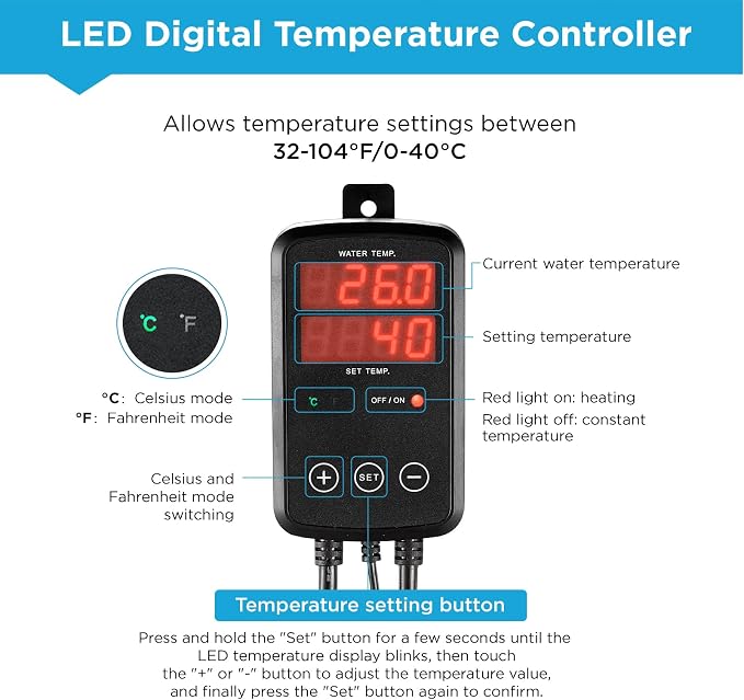 Titanium Aquarium Heater 1000W, Submersible Fish Tank Heater with Digital Display Temperature Controller, 0℃-40℃ Adjustable, Fast Heating for 150~200 Gal Saltwater Freshwater, MX-9029(1000W)
