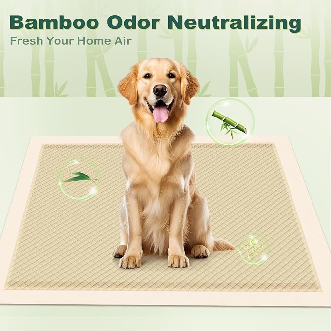 MIZOK 100 Counts Dog Pee Pads Extra Large 28"x34", Bamboo Puppy Pads Super Absorbent & Leak-Proof, 4-Corner Adhesive Tabs, Wee Wee Pads for Dogs Superior Odor Protection, XL