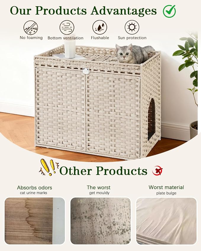 SETVSON Cat Litter Box Enclosure Furniture, Hidden Litter Box, Cat Litter Box Cabinet with 2 Litter Mats, Handwoven Rattan Large Space Cat House Indoor, Living Room, Bedroom, Apartment Light Khaki