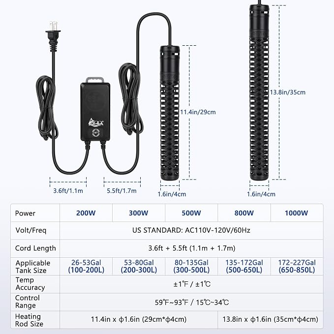 AQQA 800W Aquarium Heater, Fish Tank Heater with Digital Thermostat, Over-Temperature and Dry-Run Protection, for 90-150 Gallon Freshwater, Saltwater, Turtle Betta Fish Tank Aquarium