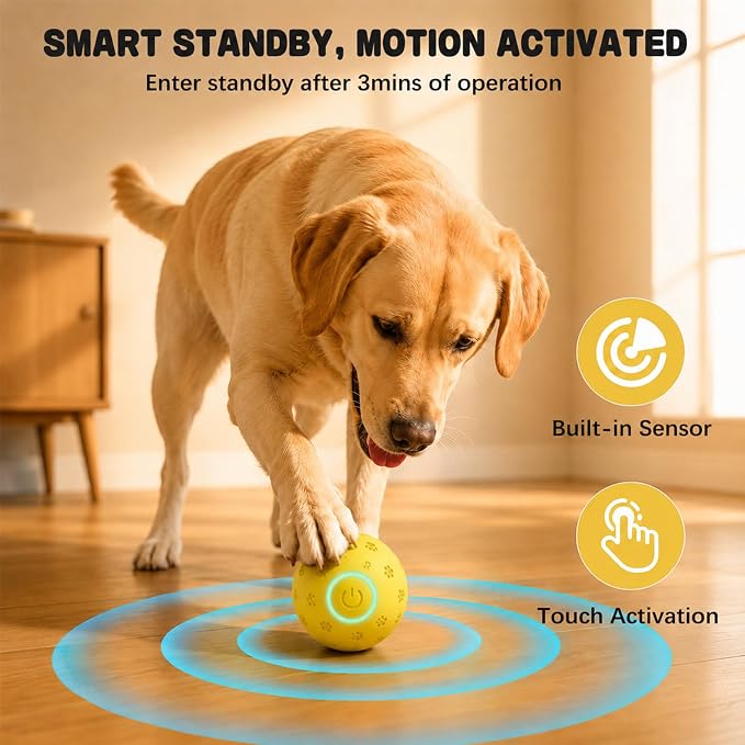 Interactive Dog Toy Ball, Durable Motion Activated Automatic Moving Ball for Small/Medium/Large Dogs, Rechargeable Dog Ball with LED Lights, 2 Play Modes to Keep Your Dog Busy (Yellow)