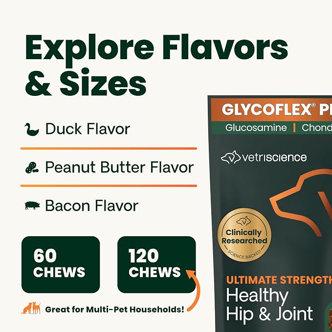 VetriScience GlycoFlex Ultimate Strength Healthy Hip and Joint – Mobility Supplement with Glucosamine for Dogs, MSM & Green Lipped Mussel, Peanut Butter, 60 Count