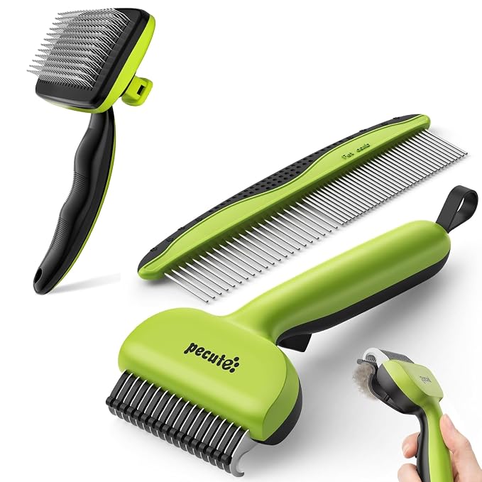 Pecute Pet Grooming Tool Bundle: Self-Cleaning Slicker Brush + Self-Cleaning Undercoat Rake + Comb