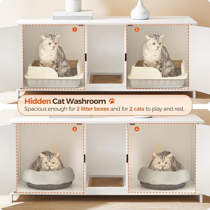 MAHANCRIS Cat Litter Box Enclosure for 2 Cats, 47.2" Hidden Litter Box Furniture with Double Room, Wooden Cats Washroom with Scratching Board, Indoor Cats House End Table, White CWWT1201