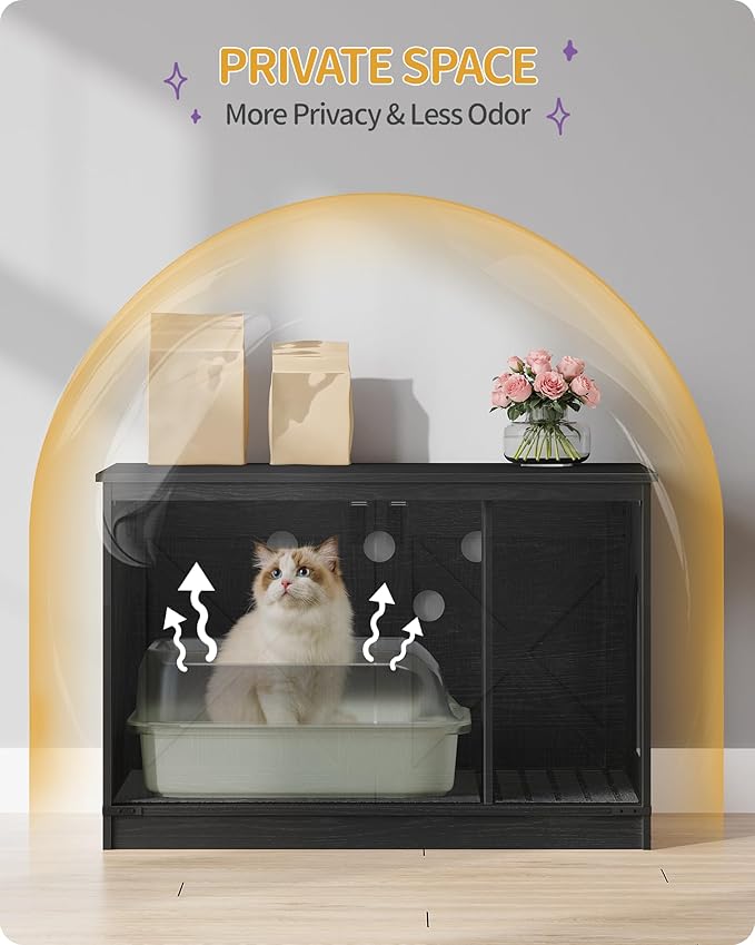 Hzuaneri Cat Litter Box Enclosure with Cushion, Hidden Litter Box Furniture with Removable Dividers, Reversible Entrance Left or Right Side, Cat House, Black CB84604X