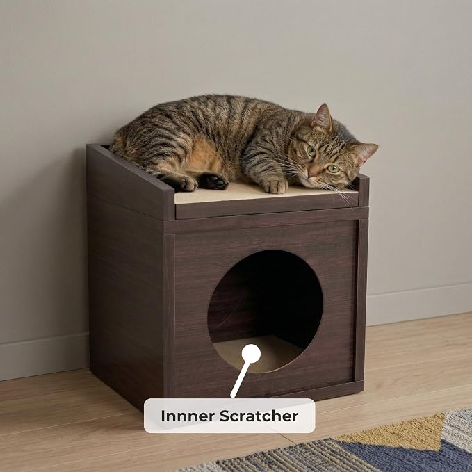 Meowdium Cat House for Indoor Cats – Cat Condo with 5X Longer-Lasting Cardboard Scratcher, 2 Scratcher Levels, Hideout & Top Lounge, Espresso