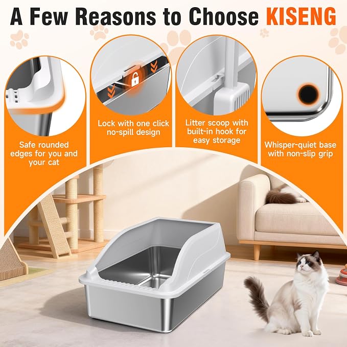 Stainless Steel Cat Litter Box, Extra Large XL Odor Free Metal Litter Box with High Sides Lid, Open Top Litter Pan Include Scoop Easy Cleaning Kitty Cat Box Anti-Urine Leakage, Non-Sticky