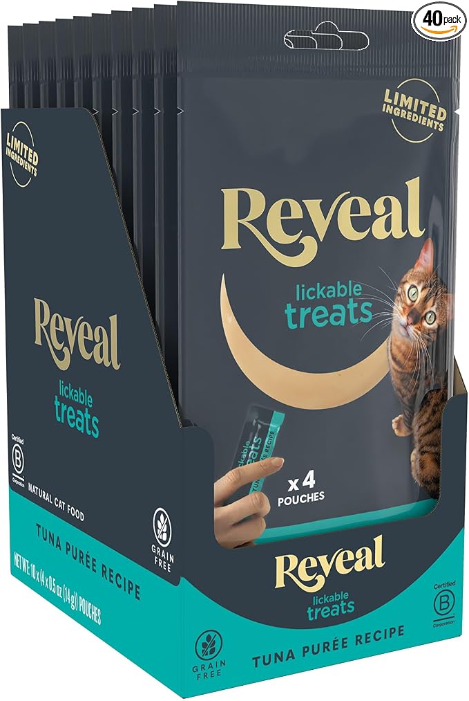 Reveal Tuna Puree Lickable Cat Treats 40-Pack, Limited Ingredient, Grain Free, Protein Squeeze Up Cat Treats for Training or Food Topper, No Artificial Additives (40 x 0.5 oz Pouches)