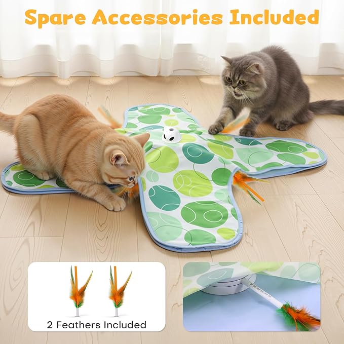 Interactive Cat Toys for Indoor Cats, Hide and Seek Cat Toy, 2 in 1 Automatic Moving Concealed Feathers Cat Toy Mat, Non-Slip Suction, Touch Activated, USB Rechargeable, Green