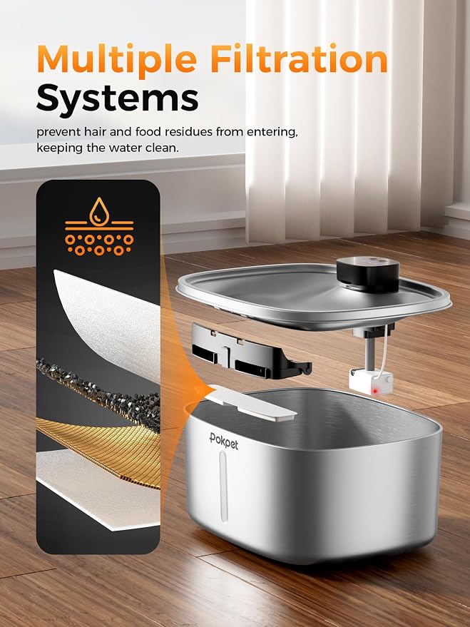 Dog Cat Water Fountain Wireless Stainless Steel Water Fountain for Small Large Dogs, Fresh Flow 10L Dispenser, Doggy Spout Water Bowl,Wider Drinking Area, LED Window, Ultra-Quiet - 1 Filter