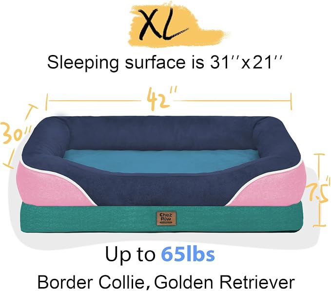 Chez Paw Large Orthopedic Dog Bed for Extra Large Dogs, Waterproof XL Egg-Crate Foam Dog Bed with Removable Washable Cover & Non-Slip Bottom, 4-Sided Bolster Support, Navy Blush 42"x30"x7.5"