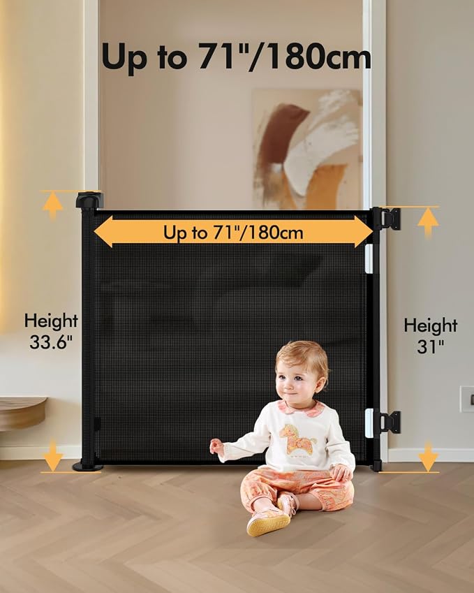Retractable Baby Gate for Stairs & Doorways,71" Wide x 33.6" Tall Easy Installation Mesh Dog Gate for Indoor & Outdoor Use,Pet and Dog Safety Gate for Hallways(Black)