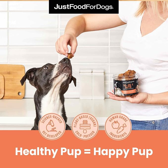 JustFoodForDogs 10-in-1 Multifunctional & Hip + Joint Supplement Soft Chews for DogsPlant-Based, Human Grade -45 Count of Each, 90 Chews Total