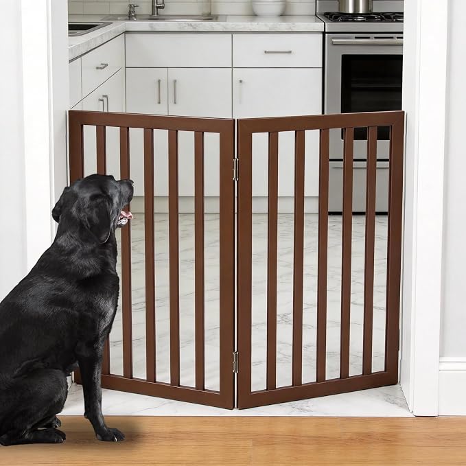Dog Gate Indoor, Freestanding Dog Fence for The House, Doorways, Hallways,or Stairs,Pet Gate Foldable Wooden,Expandable 32" Height 2 Panels,Brown