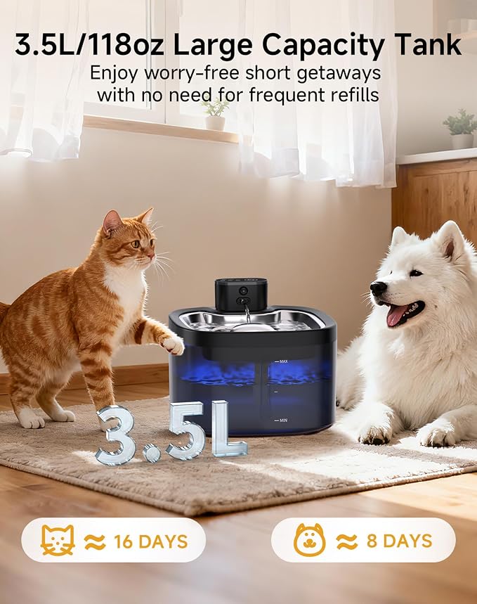 Cat Water Fountain Cordless: Battery Operated 118oz/3.5L Pet Water Fountain for Cats Indoor with Motion Sensor, Cat Drinking Fountains with Stainless Steel Tray, Ultra Quiet, Easy-to-Clean