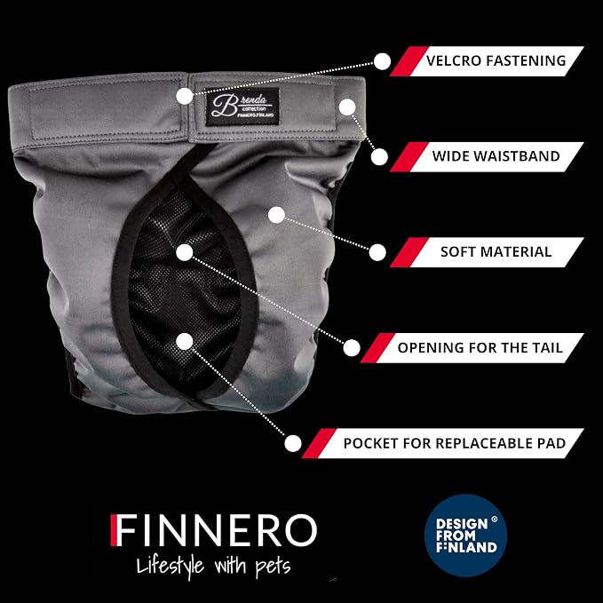 FINNERO Brenda Reusable Dog Diaper, Leak-Proof, Adjustable, Heat & Incontinence Protection, XXS – Gray