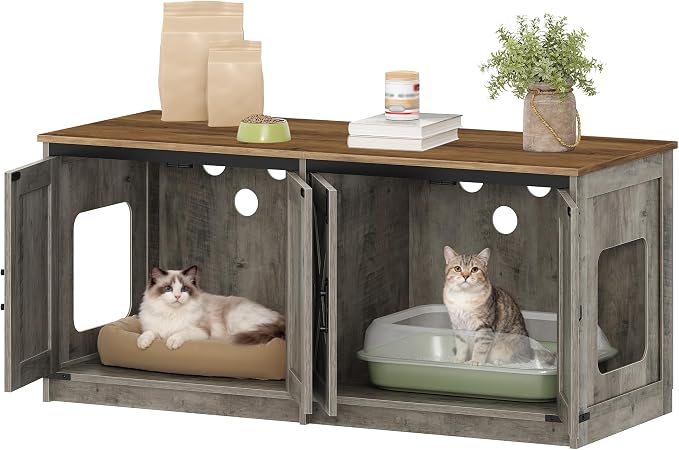 Hzuaneri Cat Litter Box Enclosure for 2 Cats, Hidden Litter Box Furniture Cabinet with Double Room, Indoor Cat House, Farmhouse Style, 46.7 x 18.9 x 21.1 Inches, Greige CB85305X