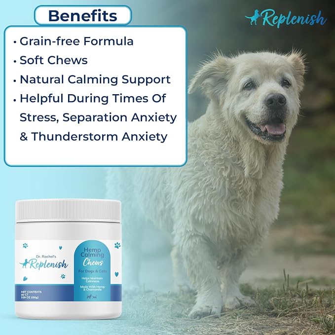 Replenish Hemp Calming Chews for Dogs - Pet Calming Chews – Can Help Relieve Stress from Separation, Storms, Fireworks & Travel – Calming Treats for Cats Stress Support – 60 Count