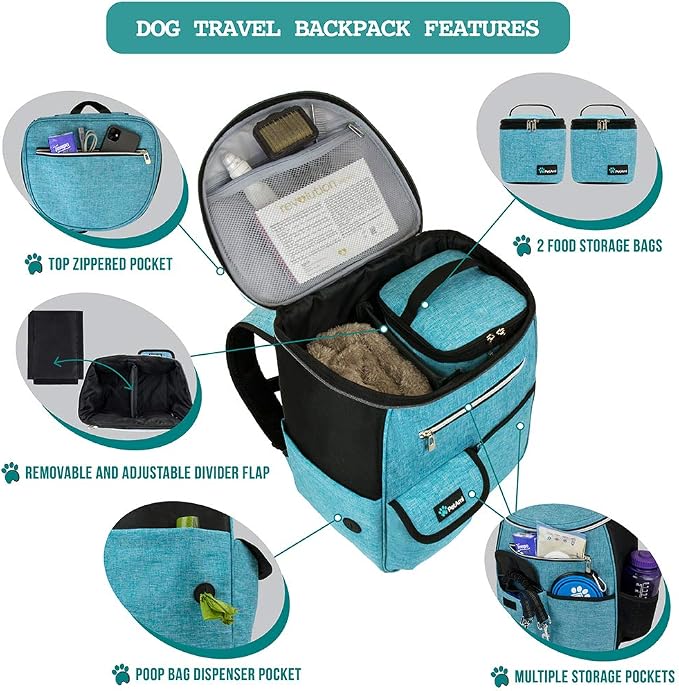 PetAmi Dog Travel Bag Backpack, 27L Airline Approved Pet Supplies Organizer with 2 Food Containers, 2 Collapsible Bowls & Poop Bag Dispenser, Weekend Road Trip Camping Dog Mom Gift, Teal Blue