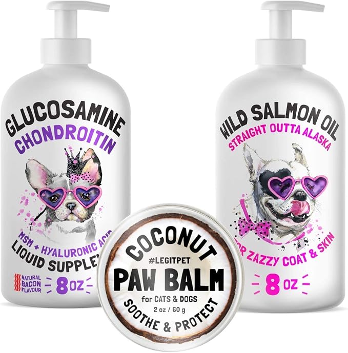 LEGITPET Liquid Glucosamine for Dogs and Wild Alaskan Salmon Oil for Dogs & Cats and Dog Paw Balm Wax Soother & Moisturizer Cream Bundle
