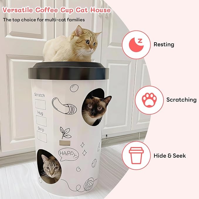 Cat Condo House with 3-Tier Independent Spaces & Durable Corrugated Scratching Pads, Coffee Cup Shaped Cat Cave & Scratcher, Tool-Free Assembly, Stylish Pet Furniture for Multi-Cats