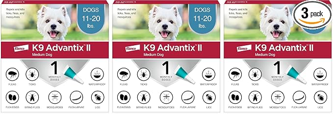 K9 Advantix II Medium Dog Vet-Recommended Flea, Tick & Mosquito Treatment & Prevention | Dogs 11-20 lbs. | 1-Mo Supply (Pack of 3)