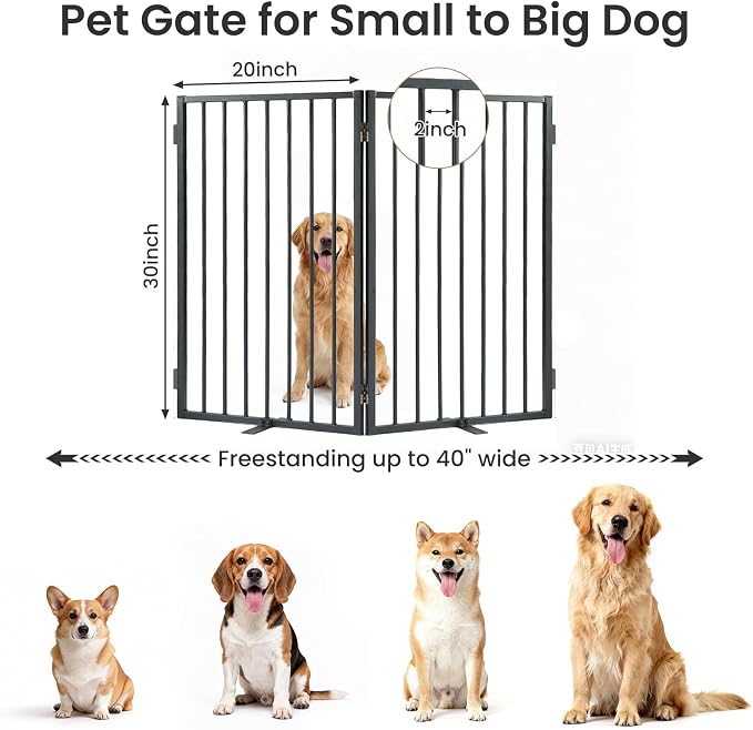 Full Metal Freestanding Dog Gate with Cat Door for Outdoor & Indoor,40" Extra Wide Foldable Pet Fence,30" Tall Free Standing Dog Gate for RV Camping,Stairs,Hallways,Doorways,Deck,Yard (2 Panels,Black)