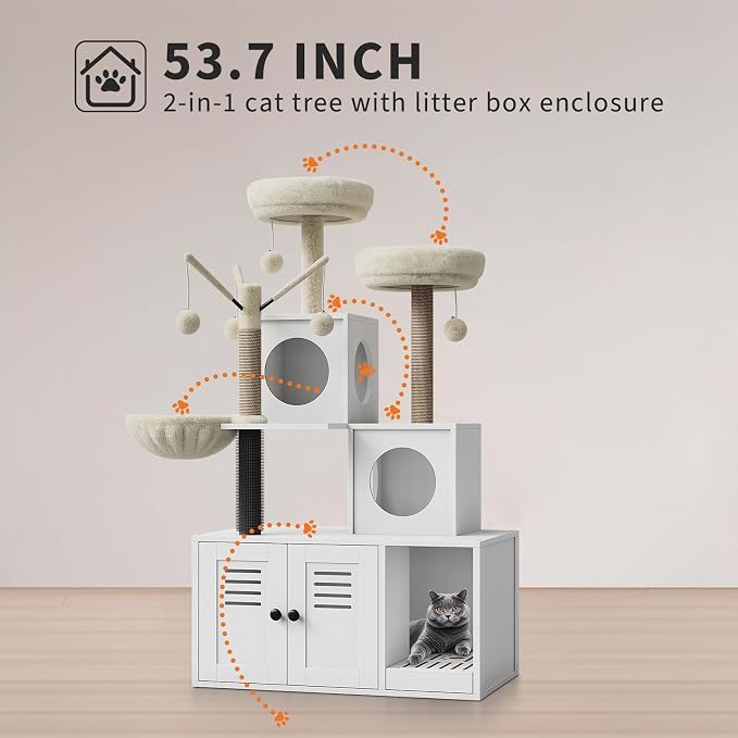 Litter Box Enclosure with Cat Tree Tower and Condo Brush Post and Passage Hidden Cat Washroom Furniture with Sisal Scratching Post & Soft Plush Perch Wooden Cat Furniture with Multiple Platforms