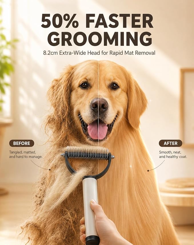 2 in 1 Pet Dematting Comb & Integrated Lint Roller, Stainless Steel Undercoat Rake for Dogs & Cats, Painless Tangle & Mat Remover, Extra Wide Grooming Tool for Long-Haired Breeds (Black)