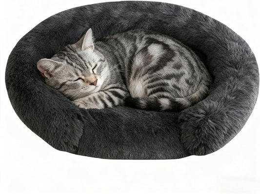 Calming Dog & Cat Beds with Orthopedic Egg-Crate Foam Raised Rim, Soft Fluffy Faux Fur Pet Bed for Small Medium Dogs, Anxiety Relief Spine Support, Machine Washable (Round, Dark Grey 20")